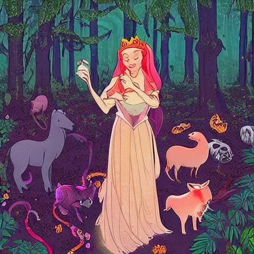 Prompt: A beautiful street art of Princess Aurora singing in the woods while surrounded by animals. She looks so peaceful and content in the company of the animals, and the colors are simply gorgeous. mythological map by Josan Gonzalez, by Bill Henson amorphous