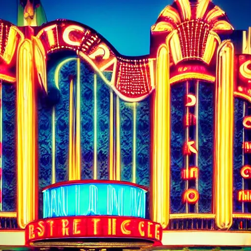 Image similar to an ornate art deco movie theater, dslr, beautiful, colorful,