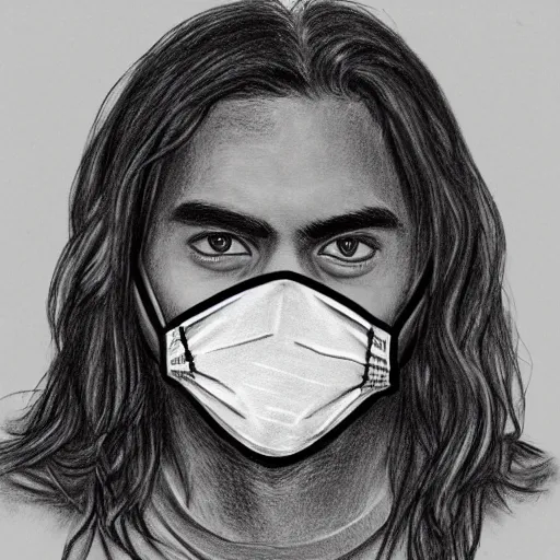 Prompt: professional pencil sketch of a young adult man with slightly long hair wearing a black face mask and an oversized dark sweatshirt and dark sweatpants, high quality, HD, 8K, highly detailed, award-winning