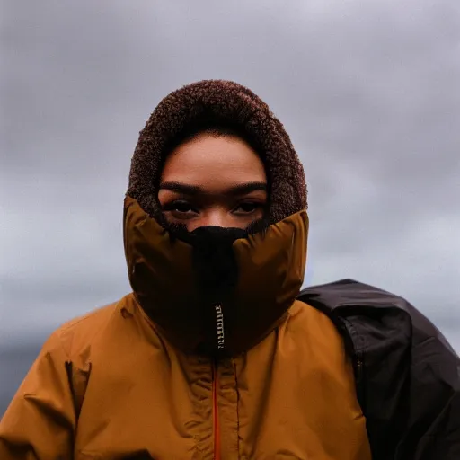 Image similar to realistic! photoshoot for a new the north face lookbook, color film photography, portrait of a beautiful woman wearing a balaclava mask, photo in style of tyler mitchell, 35mm lens