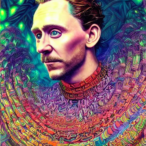 Image similar to portrait of tom hiddleston, hyper detailed masterpiece, neon floral pattern, jean giraud, digital art painting, darkwave goth aesthetic, psychedelic, artgerm, donato giancola and tom bagshaw