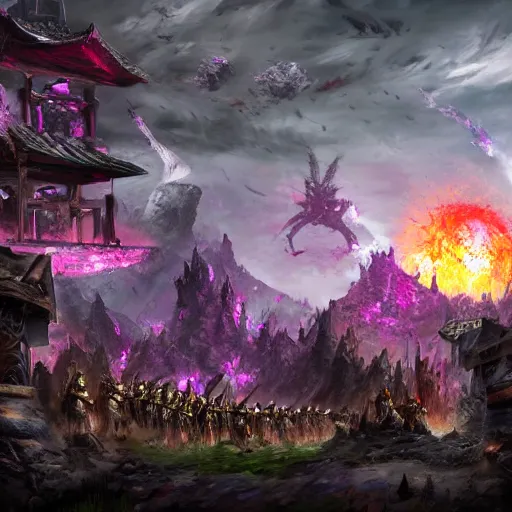 Image similar to an army of samurai standing in the ruins of crux prime, destroyed monastery in the background, purple fiery maelstrom in the distance, digital art, artstationhq