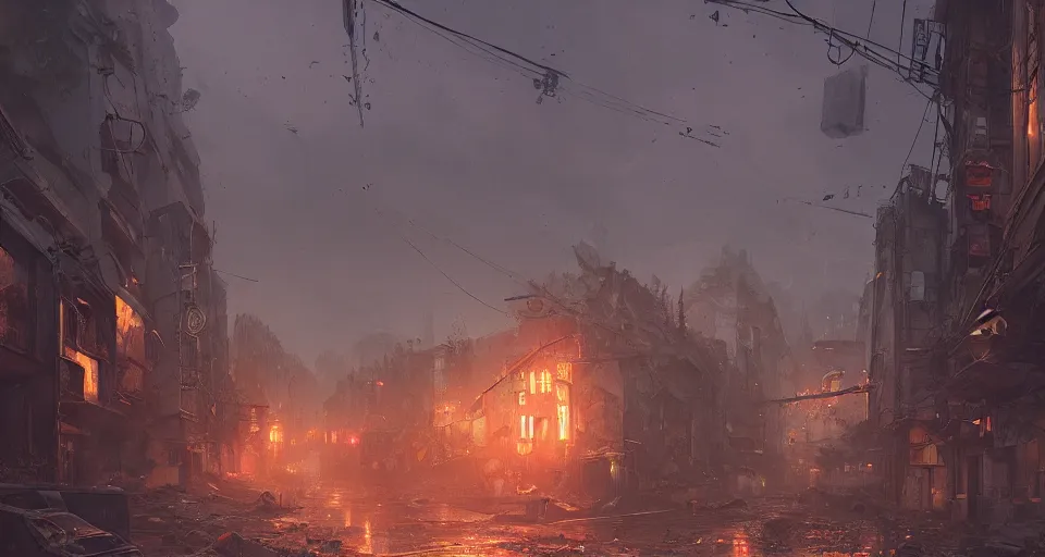 Prompt: landscape, Massive earthquake destroying a street, destroyed remnants, dramatic lighting, cinematic, by WLOP, eddie mendoza, simon stålenhag, raphael lacoste, extremely high detail, photo realistic, cinematic lighting, post processed, concept art, trending on artstation, matte painting