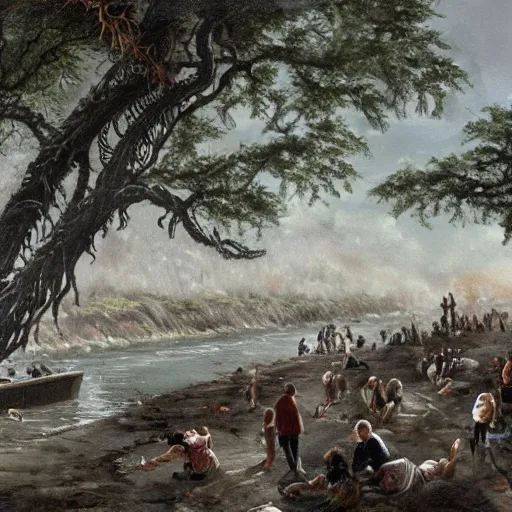 Image similar to a cinematic painting of alien tentacles emerging from the water of a river, hoards of people are gathering around the riverbed, wind blowing the leaves from the trees