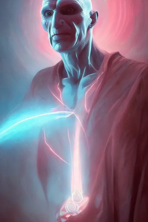 Image similar to Lord Voldemort without nose in cyberpunk, neon lighting, digital art from artstation by Ruan Jia and Mandy Jurgens and Artgerm and william-adolphe bouguereau and Greg Rutkowski and Wayne Barlowe