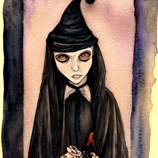 Prompt: portrait of young gothic witch, watercolor painting