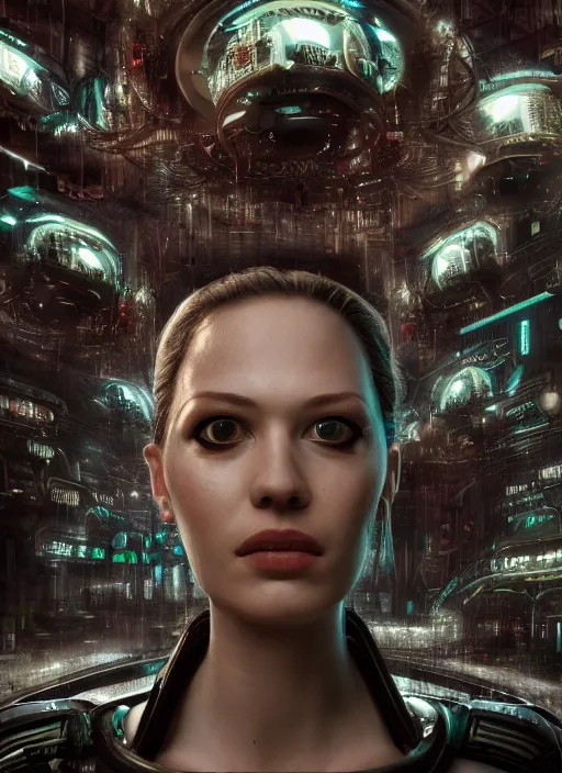 Prompt: 35mm portrait of complex, sophisticated and intricate 7 of 9 borg with eye implant, on the background of a weird magical mechanical forest. Round gears visible inside her hear. Very detailed 8k. Fantasy cyberpunk horror. Sharp. Cinematic post-processing