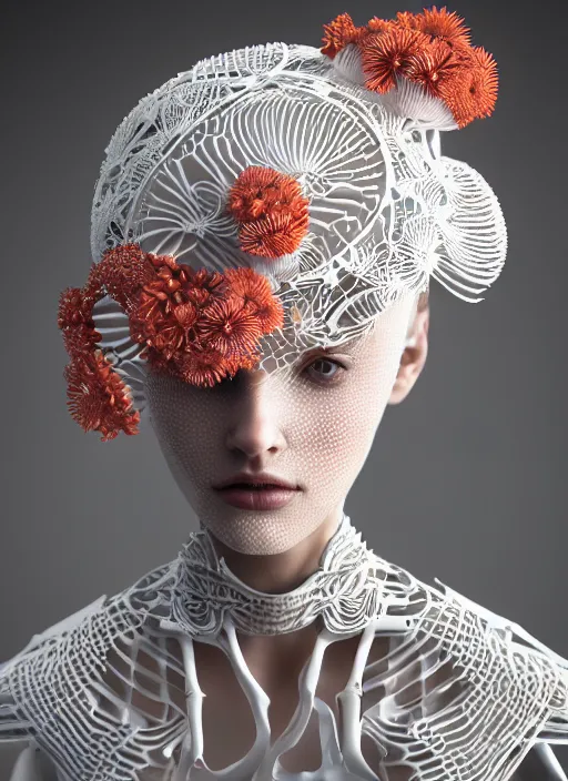 Prompt: beautiful stunning biomechanical woman portrait with a smooth porcelain ivory profile face, futuristic haute couture, iris van herpin, laser cut paper lace collar, headdress made of daisies, sponge corals, mushrooms, puffballs, white red rhizomorphs, cyberpunk metallic brackets, octane highly render, 8 k, epic lighting