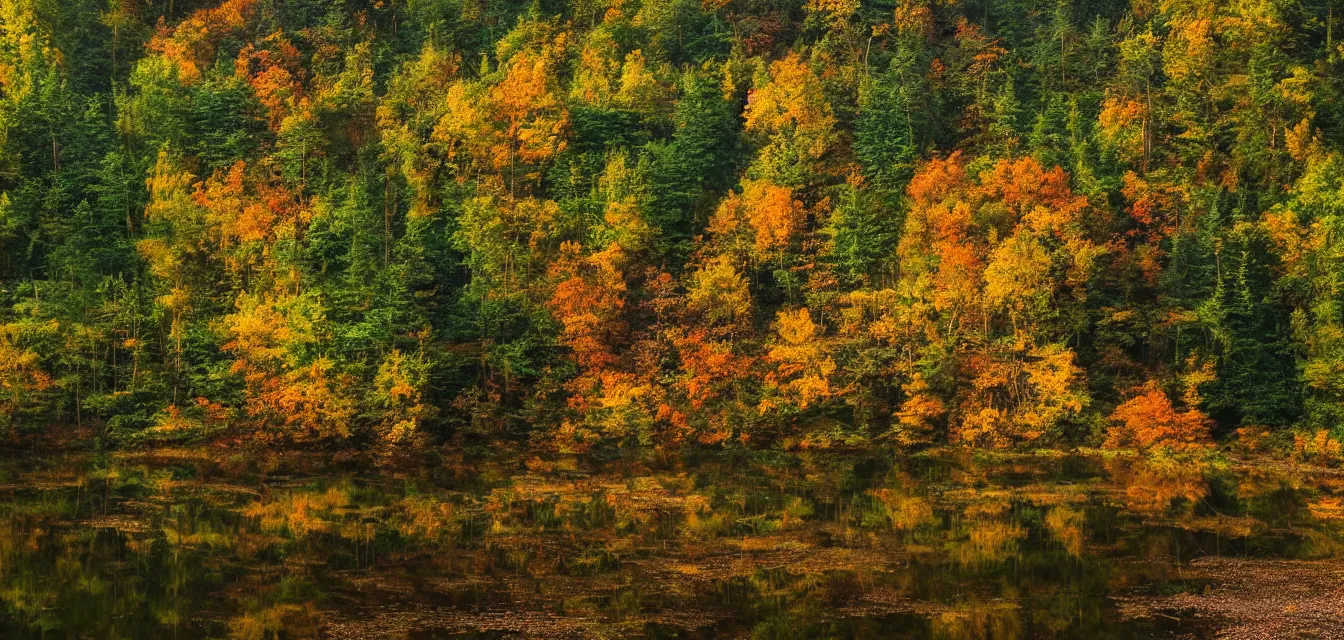 Prompt: stone cottages underneath a dense tall forest, pristine ponds. bodyscapes. fine painting intricate brush strokes, bright depth oil colors. 2 8 mm perspective photography by araken alcantara. intense promiseful happiness, autumn sunrise warm hdri forest light