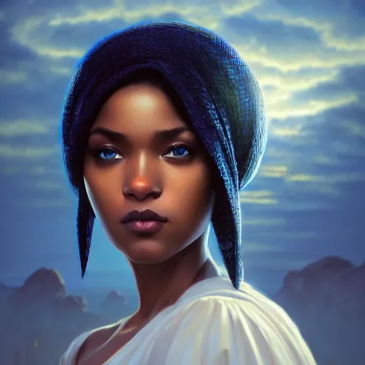 Image similar to a Photorealistic dramatic hyperrealistic bright blue eyes, African American elegant girl, black hair, white veil,by WLOP,Artgerm,Greg Rutkowski,Alphonse Mucha, Dang My Linh, Beautiful dynamic dramatic bright sunset lighting,shadows,cinematic atmosphere,Artstation,concept design art,Octane render,8k