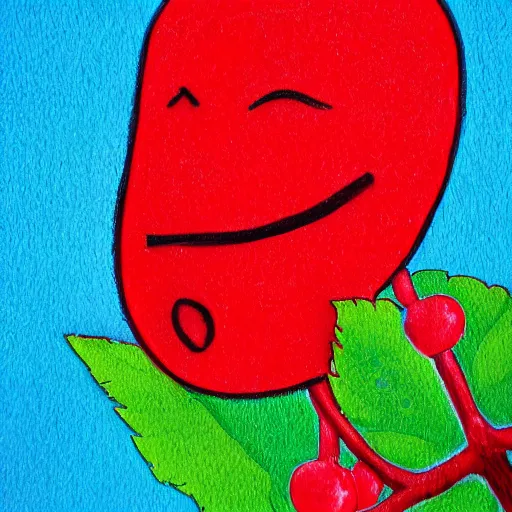 Image similar to Red man Sad, crying, cherry tree, cherries