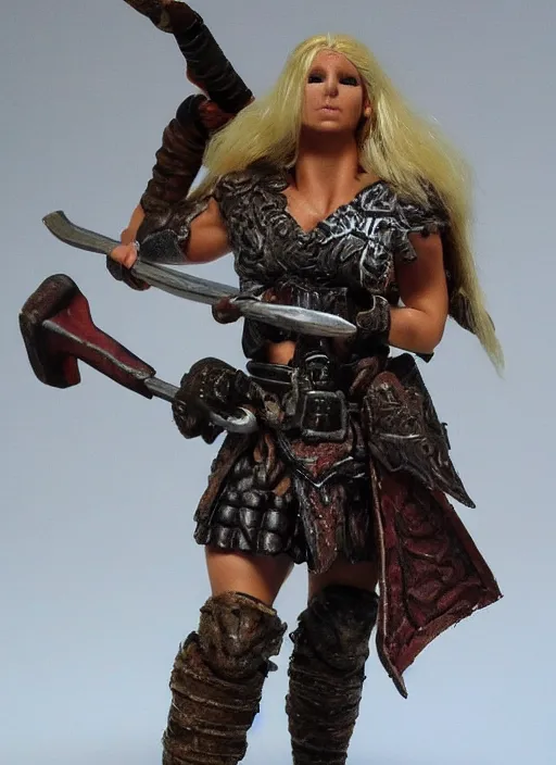 Prompt: Images on the store website, eBay, Full body, Miniature of a very muscular female barbarian warrior, blonde, short hair, dark skin