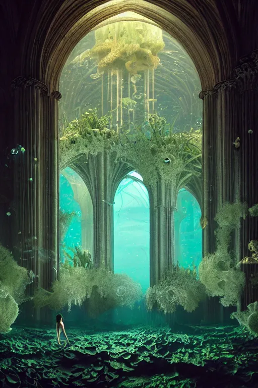 Image similar to hyperrealistic precisionist cinematic underwater dystopian neo - gothic cathedral ruins with giant luminescent colorful aquatic plants and jellyfish, digital art masterpiece, aykut aydogdu eric zener, dramatic volumetric light, long shot, low angle uhd 8 k, sharp focus