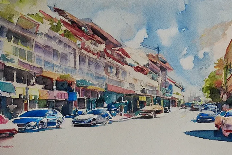 Prompt: !! watercolor!! penang road in a sunny day, artwork by tooth wu, colorful contrast,!! very coherent!!, dark shadow, thick lineart