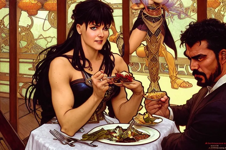 Image similar to xena warrior princess eating at a restaurant, with a hispanic man in a suit as her companion, art by artgerm and greg rutkowski and alphonse mucha