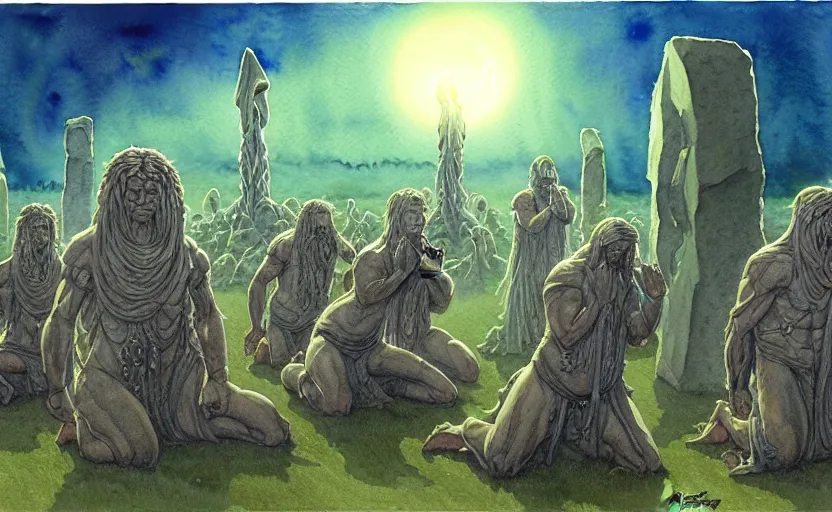 Prompt: a hyperrealist watercolour character concept art portrait of a group of druids kneeling down in prayer to a tall elegant lovecraftian alien on a misty night in stone henge. a battlecruiser starship is in the background. by rebecca guay, michael kaluta, charles vess and jean moebius giraud