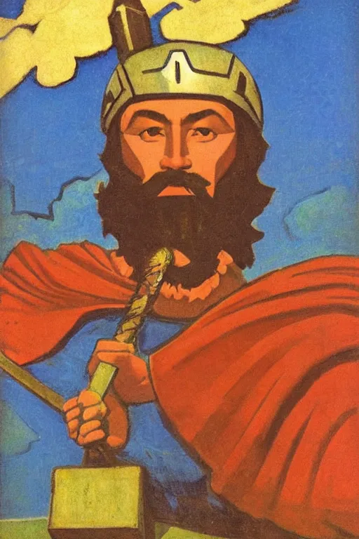 Image similar to thor holding the hammer, marvel, artwork by nicholas roerich,