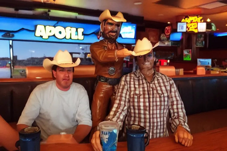 Image similar to taking a selfie with a plastic cowboy at an applebee's, cell phone photo