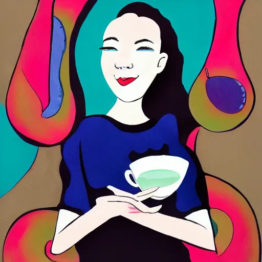 Image similar to beautiful lady, drinking tea, fruit basket, painting, abstract, clean shapes, pastel colors, ink lines