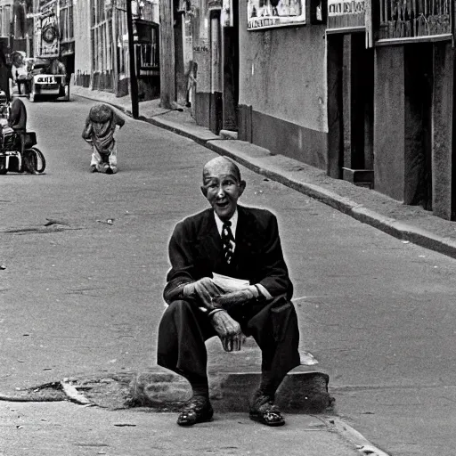 Prompt: a gentlemen sitting in the street 1950 old photograph national geographic award winning