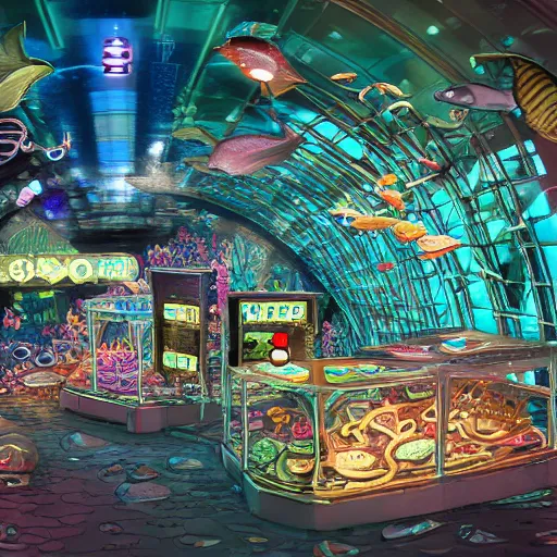 Image similar to undersea shopping center built from various sea shells, sea weed, light prisms, light diffraction, steampunk, cyberpunk, cool lights, anime, vhs distortion