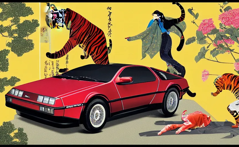 Image similar to a red delorean and a yellow tiger, painting by hsiao - ron cheng & utagawa kunisada, magazine collage style,