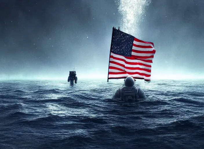 Prompt: astronaut underwater holding a flag in the bottom of the ocean. a submarine is visible in the distance. dark, concept art, cinematic, dramatic, atmospheric, 8 k, trending on artstation, low visibility, fog, ocean floor, christopher nolan, interstellar