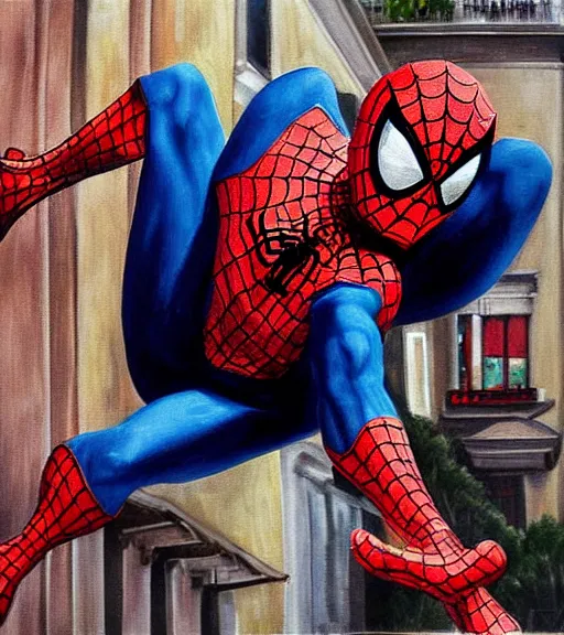 Image similar to high quality high detail painting by alberto mielgo, spiderman swinging in the street, hd