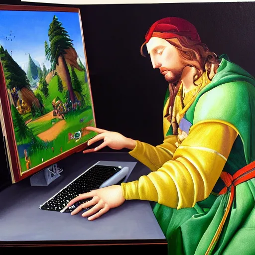 Prompt: a painting of the king playing Fortnite on a RGB PC gamer, oil on canvas, painted by Botticelli