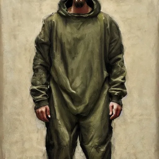 Image similar to a full body lookbook portrait of modern - day jesus wearing olive green yeezy menswear collection by nicola samori, hat and hoodie, detailed, oil painting, hyper realistic, 8 k, yeezy collection