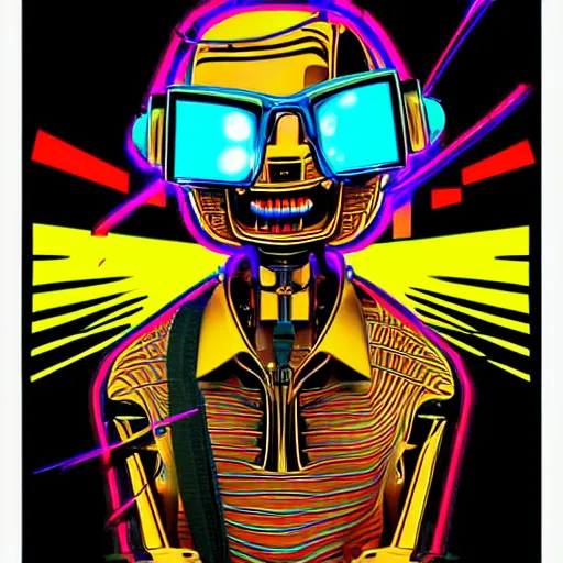 Prompt: artgerm, psychedelic laughing cybertronic robot, rocking out, headphones dj rave, digital artwork, r. crumb, svg vector