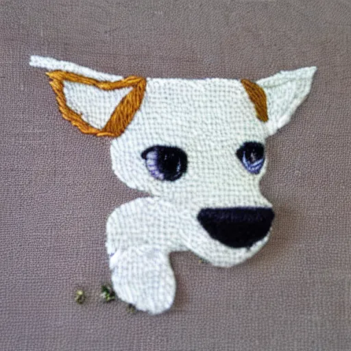 Image similar to a tiny beautiful handmade embroidery of a cute long haired jack russell terrier puppy, white with brown spots and patches over both eyes. hand embroidery.