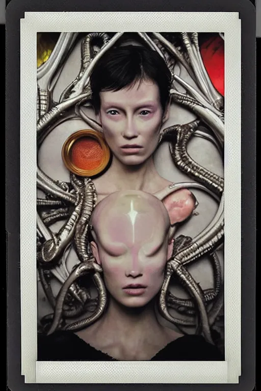 Image similar to polaroid still symmetry frame from Alien Covenant movie by Takashi Murakami, from Pan's Labyrinth (2006) by James Stokoe, creation of life , dressed by Salvatore Ferragamo and by Chanel, haute couture painted by Peter Paul Rubens and by John Baeder, editorial fashion photography from vogue magazine, in coral stalagmite by Jean-Michel Basquiat