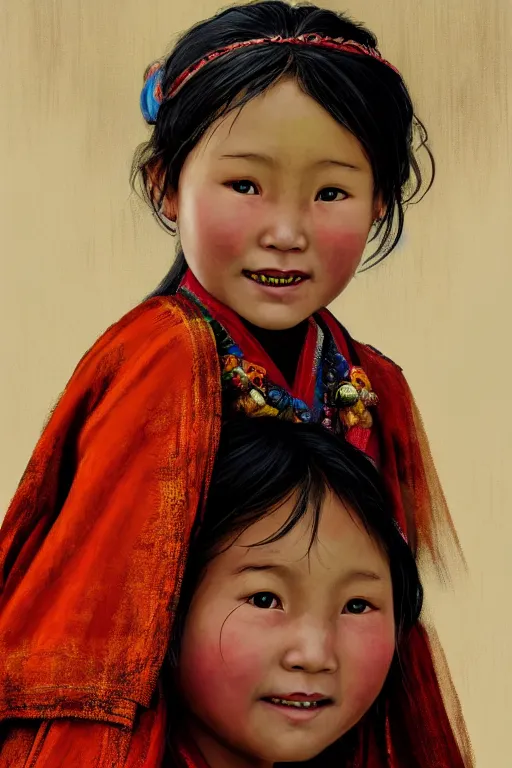 Image similar to Tibetan little girl, joyful, close-up portrait, intricate, elegant, volumetric lighting, scenery, digital painting, highly detailed, artstation, sharp focus, illustration, concept art, ruan jia, steve mccurry