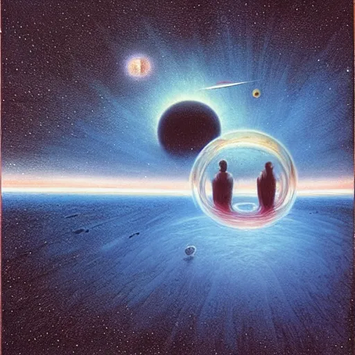 Prompt: A person floating through space in a lucid dream by David A. Hardy