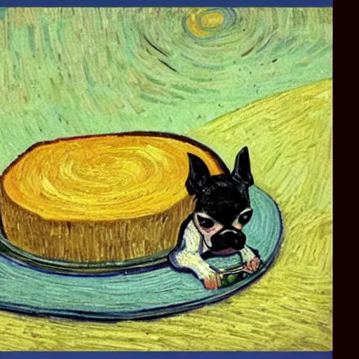 Image similar to a painting of a boston terrier eating cheese, in the style of van gogh, highly detailed