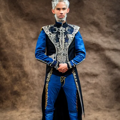 Image similar to medium shot of adult Austin Butler dressed in futuristic-baroque prussian blue duelist-garb with Griffin-Ram embroidery emblem, and nanocarbon-vest and greaves, standing in an arena in Dune 2020, XF IQ4, f/1.4, ISO 200, 1/160s, 8K, RAW, unedited, symmetrical balance, face in-frame