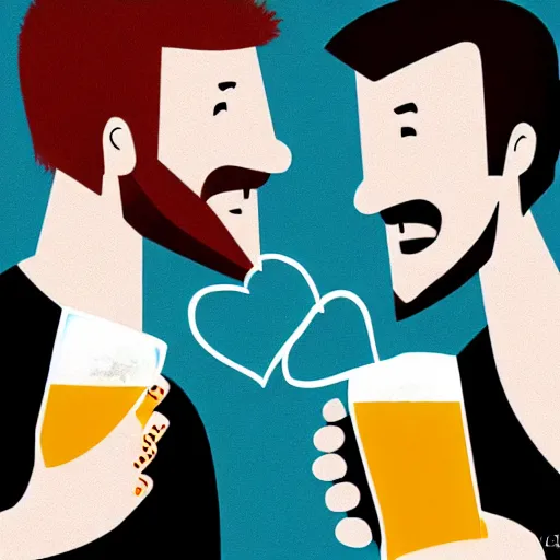 Image similar to two beautiful chad men drinking beers, many white hearts, friendship, love, sadness, dark ambiance, concept by Godfrey Blow, featured on deviantart, drawing, sots art, lyco art, artwork, photoillustration, poster art