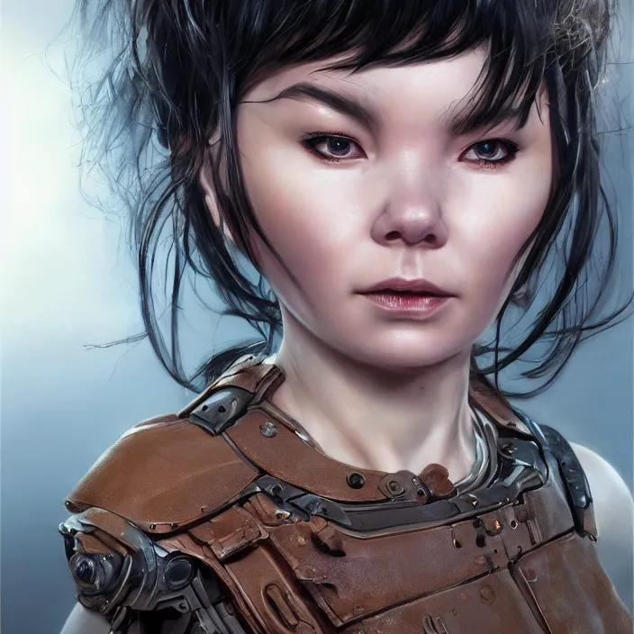 Image similar to hyper - realistic bjork leather cyborg - by tom bagshaw, by ilya kuvshinov, rtx rendering, octane render 1 2 8 k, maya, extreme high intricate details by wlop, digital anime art by ross tran, medium shot, close up shot, composition by sana takeda, dramatic lighting by greg rutkowski, 8 k, trending on artstation