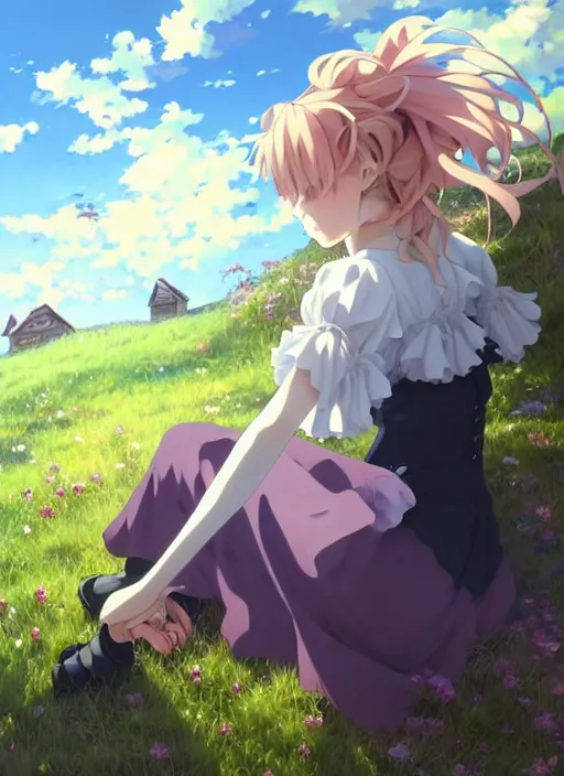 Image similar to Painting of a cottagecore witch with side-shaved strawberry hair in the style of Violet Evergarden, beautiful anime art style, winged eyelashes, countryside, calm, fantasy character portrait, dark outlines, dynamic pose, above view, sunny day, artwork by Makoto Shinkai, very coherent asymmetrical artwork, sharp edges, perfect face, simple form, 100mm