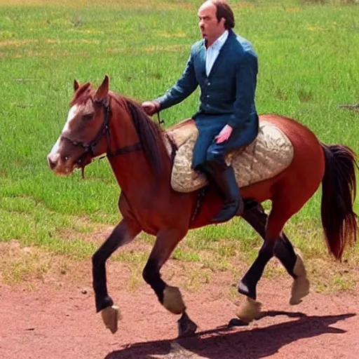 Image similar to saul goodman riding a horse while holding a sword, tv still