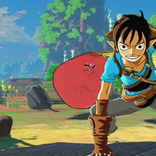 Image similar to a screencap of the legend of zelda breath of the wild, of one piece's luffy in breath of the wild