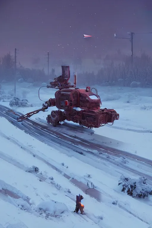 Prompt: mech being exhaisted from plowing snow from it's front yard, highly detailed, scifi, fantasy, highly detailed, digital painting, trending on artstation, concept art, sharp focus, illustration, global illumination, shaded, art by simon stalenhag