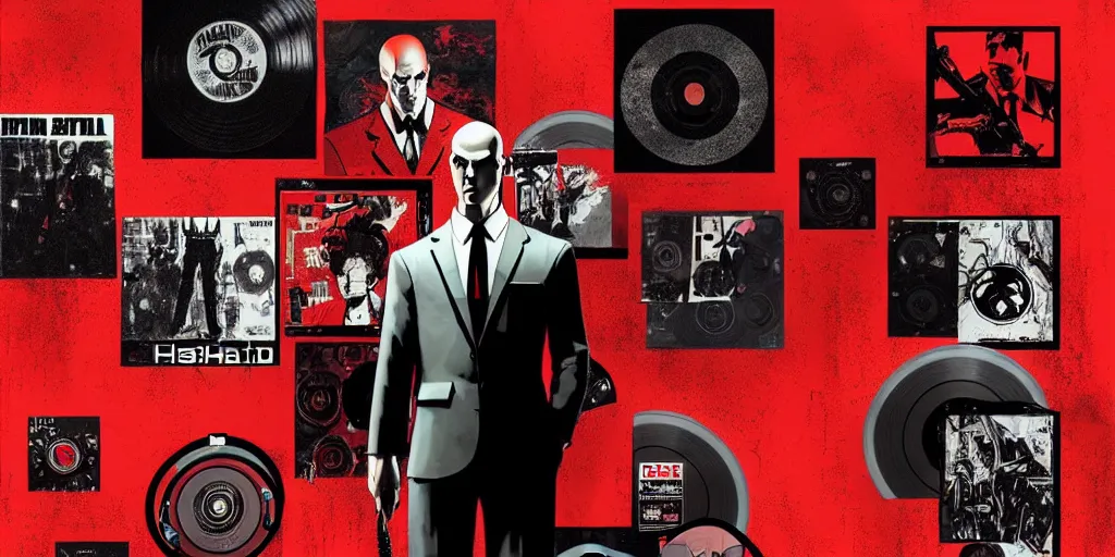 Image similar to a portrait of agent 4 7 from hitman wearing headphones in front of a wall of vinyl records, dark background, red rim light, digital art, artstation, art by yoji shinkawa