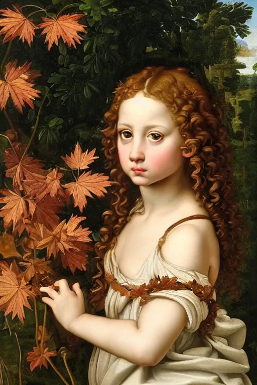 Image similar to renaissance painting of young girl in the garden, closeup, curly long hair, face closeup, emotions closeup, dressed in roman armour, the beautiful garden with maple leaves everywhere, ultra detailed, art by guido reni style, vincenzo catena style