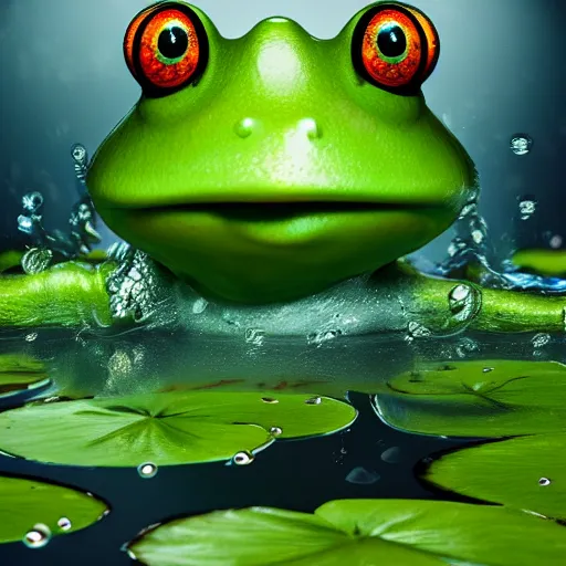 Image similar to frog cute character in water with water lily fireflies around, cute big eyes with details in body, poster, bioluminescence, vegetation, water bubbles, flying shot, portrait, full shot, rim light, pixar, octane render,