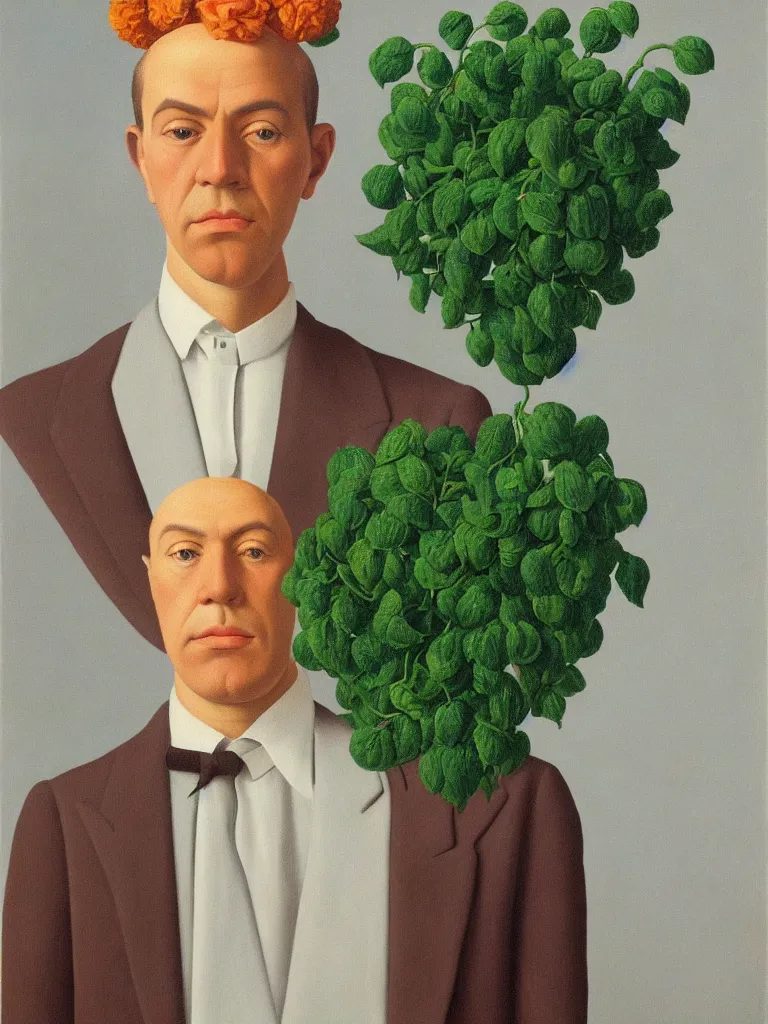 Image similar to portrait of a flower man by rene magritte, detailed painting, hd, hq, high resolution, high detail, 4 k, 8 k