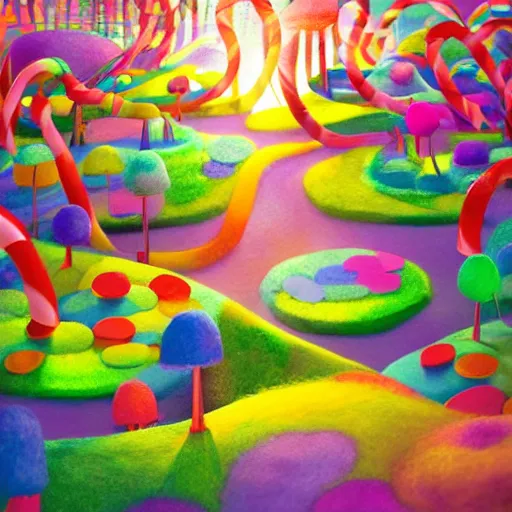 Prompt: a matte digital painting of candyland at night, bokeh, bright colours, watercolor, volumetric crayon felting, macro photography, children illustration, by goro fujita