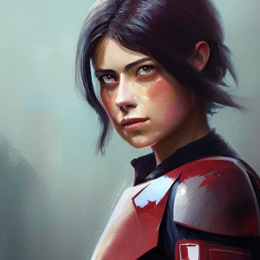 Image similar to portrait of a woman by greg rutkowski, rosa salazar as a young mandalorian bounty hunter from star wars expanded universe, highly detailed portrait, digital painting, artstation, concept art, smooth, sharp foccus ilustration, artstation hq