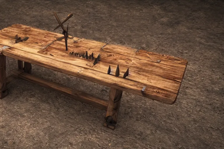 Image similar to a rustic rectangle wooden table with spikes sticking out of it. artstation highquality 4k